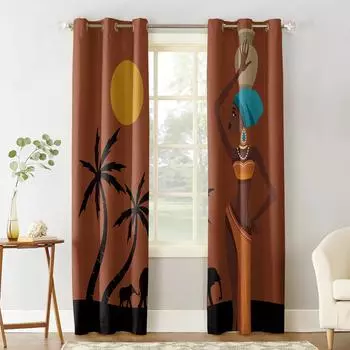 African Women Sunset Landscape Elephant Window Curtain Home Decor Curtains for Living Room Bedroom Kitchen Curtain Panel 135W x 60H(cm)