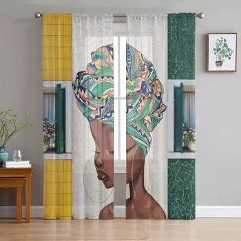 Африканская черная девушка этнический стиль плитка стены прозрачные шторы для гостиной тюль для окон вуаль пряжа короткие шторы для спальни W135 x H114cm