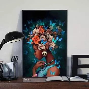 Африканская черная девушка бабочка гостиная спальня крыльцо постер безрамная картина фон стена украшение дома картина ядро 20*30cm синий