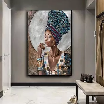 Африканская черная женщина с синим красочным тюрбаном, холст, картина, портрет, картина маслом, постеры и принты для комнаты для девочек, домашний декор 20x30cm белый