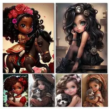 Африканская маленькая девочка Кошка Алмазная картина Новые поступления Diy Полный квадратный круглый дрель Стразы Вышивка Животные Мозаика Наборы для вышивки крестом Настенный декор Square drill 30x40cm