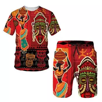 Африканская мужская футболка Harajuku, летняя повседневная футболка с круглым вырезом, пляжные шорты, двухсекционная модная тенденция, спортивные костюмы с короткими рукавами, спортивные комплекты 6XL