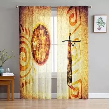 Африканская желтая картина с тотемным текстом, тюлевые прозрачные оконные шторы для гостиной, спальни, современная вуаль, занавески из органзы, шторы W135 x H115cm x1