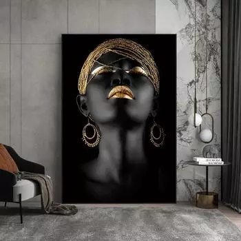 Африканская женщина, холст, настенная живопись, плакаты и принты, черная женщина, держащая золотые украшения, картина для гостиной, домашний декор 21X30cm No Frame