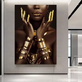 Африканская женщина с золотыми украшениями Картина на холсте Современный постер и принты Figue Настенные художественные картины для гостиной Украшения дома 30x45 cm No Frame