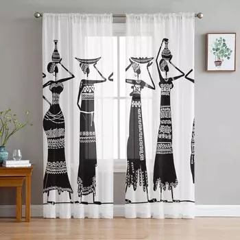 Африканская женская этническая фарфоровая прозрачная занавеска для спальни, тюль-вуаль, занавеска для кухни, гостиной, декор, обработка окна 135W x 114H(cm)