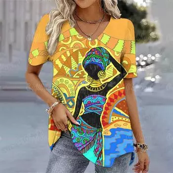 Африканская женская футболка с графическим 3d принтом, женские модные футболки Y2K, этнические топы, футболки, сексуальная футболка с v-образным вырезом, женская одежда S
