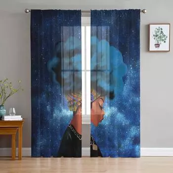 Африканская женская голубая тюлевая занавеска со звездными волосами для гостиной, прозрачная вуаль из органзы, занавеска для спальни, кухни, домашний декор W135 x H115cm x1
