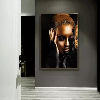 Африканские женщины Классические черные золотые жесты Плакаты и принты Женские портреты Картина на холсте Настенные художественные картины для домашнего декора 20x30cm