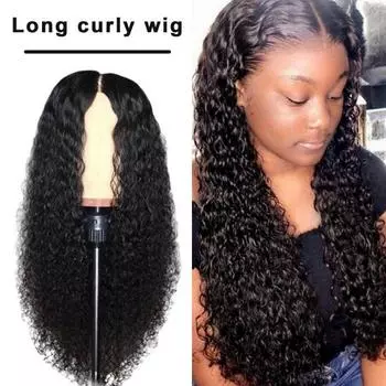 Африканские женские длинные курчавые вьющиеся парики, естественный вид, парики из высокотемпературного шелкового волоса, долговечный модный пушистый черный парик с центральным пробором, головные уборы