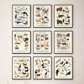 Африканские животные, собаки, кошки, полярный кит, пингвин, океан, образовательные плакаты, декор для детской комнаты, настенная живопись на холсте, печать фотографий 21x30cm No Framed белый