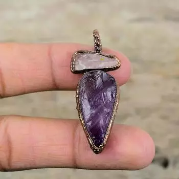 Африканский аметист грубый кулон розовый кварц грубый кулон гальванопластика медный кулон гальванопластика драгоценный камень ювелирные изделия подарок на помолвку для нее