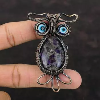 Африканский аметист, медный кулон, медная проволока, обернутая драгоценными камнями, ювелирные изделия, кулон из проволоки ручной работы, синий цвет, кулон от сглаза, кулон с совой для подарка