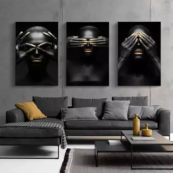 Африканское искусство, черно-золотая женская картина на холсте, плакаты и принты Cuadros, скандинавская настенная картина для декора гостиной 21x30 No Frame