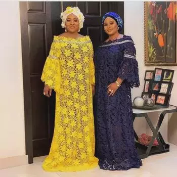 Африканское женское кружевное платье-халат больших размеров с рукавами-трубами и платком на голове One Size