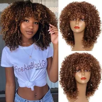 Афро-кудрявый парик Коричневый многоцветный вьющийся парик Мягкий полностью синтетический парик красный