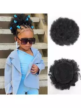 Афро-пуховые волосы-хвостики с завязками, 1 шт./упаковка, 6 дюймов, для девочек, детей, чернокожих женщин, натуральные черные кудрявые вьющиеся волосы, пончик, шиньон 6inch