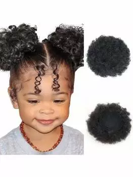 Афро-пуховые волосы-хвостики с завязками, 1 шт./упаковка, 4 дюйма, для девочек, детей, чернокожих женщин, натуральные черные кудрявые вьющиеся волосы, пончик, шиньон 4inch