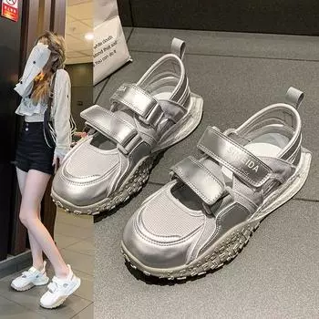 Agan Толстые подошвы Baotou Римские сандалии Женские летние уличные дышащие полые спортивные туфли с дырочками 35 серебряный