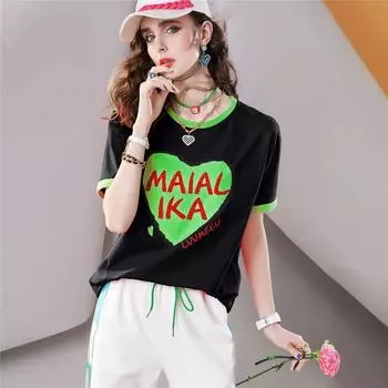 Age-Reducing A187 Fancy Print Loose Contrast Color Short Sleeve Black In Stock S
