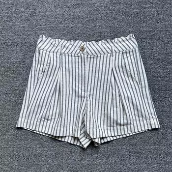 Age Reducing Fashion Blue Stripes Thin Fashion Shorts Rice gray Stripes cotton and linen shorts L