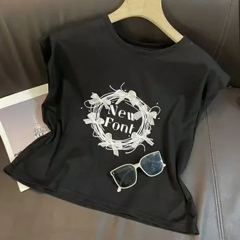 Age-Reducing Flying Sleeve T-shirt Cake Slimming Slim Fit Summer Clothing Black Tops M(100-110)