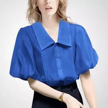 Age-Reducing French Lantern Sleeve Niche Style Gentle Summer Clothing Shirt Royal Blue- 2XL