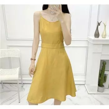 Age-Reducing Solid Color round Neck Sleeveless High-Waist Slim-Fit Slip Dress Yellow M