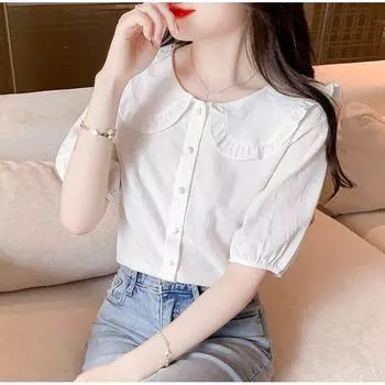Age-Reducing Summer Fashion Women s Wear Chic Cotton Short Sleeve E section White XL