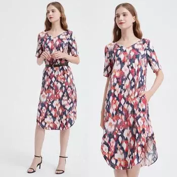 Age-Reducing Three-Quarter Sleeve Chubby Girl Fashion Slim Looking Dress Garden Color 2XL