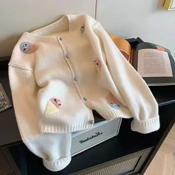 Age-reducing V-neck knitted cardigan sweater women s autumn and winter new high-end loose soft waxy long-sleeved top jacket S белый