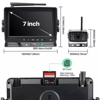 AHD Blind Spot Radar BSD Alarm DVR Recorder 7-дюймовый 4-экранный монитор с 4 беспроводными ИК-камерами для грузовиков, автобусов, фургонов, автофургонов None