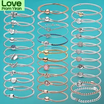 Ahthen 925 пробы браслеты из стерлингового серебра Wishbone Heart Blue Disc Fan застежка Heart T-Bar Snake Chain браслеты Friendship Bangles 17cm