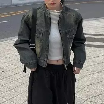 AI.Fashion Стоячий воротник джинсовые куртки женские молнии тонкие винтажные пальто женские элегантные уличные короткие куртки женские One Size