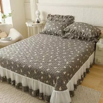 AI WINSURE Хлопковое стеганое покрывало для двуспальной двуспальной кровати с цветочным принтом и рюшами и 2 наволочками Queen во французском стиле 250x250cm 98x98inch