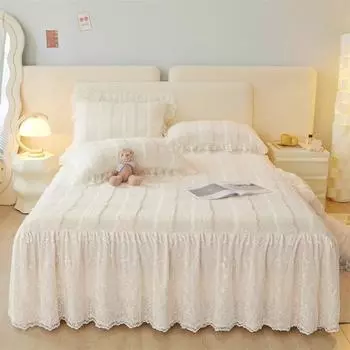 AI WINSURE Мягкое покрывало из искусственного меха кролика с 2 наволочками, размер Queen King, кружевная юбка с рюшами, зимний комплект из 3 предметов 150x200cm 59x79inch