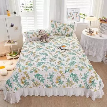 AI WINSURE стеганое покрывало, хлопковое свежее покрывало с пасторальным принтом, двойное покрывало королевского размера, белая кружевная простыня с оборками Only 2pcs pillowcase