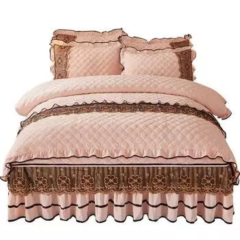 AI WINSURE стеганый бархатный комплект постельного белья Queen King Size двуспальная кровать пододеяльник кружевная юбка на молнии европейский однотонный 2 наволочки 1.5x2m-59x79inch bed