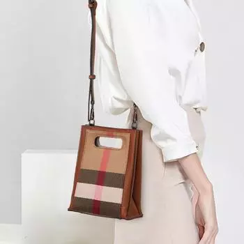 Aidrani Модная женская клетчатая сумка, изготовленная из парусины и коровьей кожи, карамельного цвета, маленькая ручная сумка через плечо