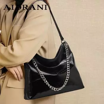 Aidrani Женская сумка через плечо из натуральной кожи, большая вместимость, сумка через плечо из 100% мягкой коровьей кожи, роскошная сумка-тоут с цепочкой чёрный