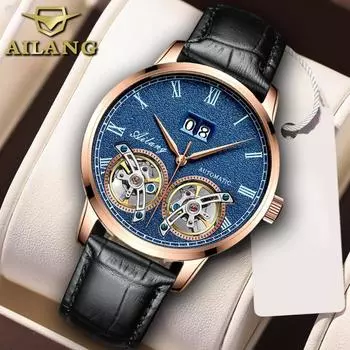 AILANG Мужские полностью автоматические механические часы с двойным маховиком, водонепроницаемые мужские часы с календарем на ремне