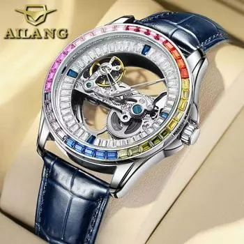 AILANG новые автоматические механические часы с полным скелетоном, мужские часы с цветными бриллиантами, мужские часы, водонепроницаемые