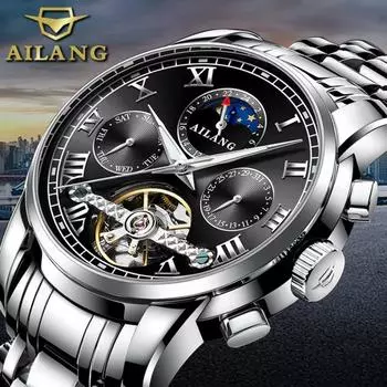 AILANG Новые деловые полые полностью автоматические механические часы с турбийоном, мужские часы, водонепроницаемые мужские часы