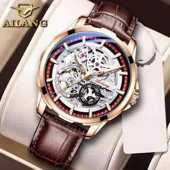 AILANG Швейцарские мужские часы Новые автоматические механические часы с полым кожаным ремнем