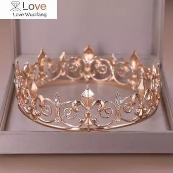 Ailibride Золотая круглая корона короля королевы свадебная тиара невесты головной убор для мужчин вечерние хрустальные украшения для волос свадебные аксессуары для волос