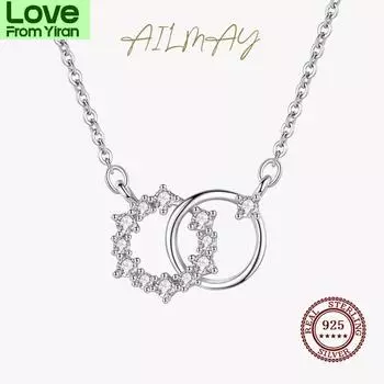 Ailmay 925 Sterling Silver Double Circle Tiny Flower Round Sterling Pendant Necklace For Women Wedding Engagement Jewelry