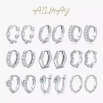 Ailmay модные серебряные сверкающие свадебные серьги 925 пробы серебряные круглые прозрачные серьги-кольца с фианитами для женщин свадебные изящные ювелирные изделия one pair