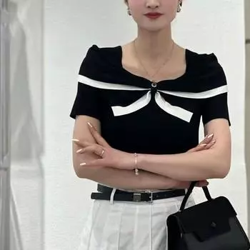 Ainos Yousi Genuine Goods Women clothes 2025 Early Autumn New Versitile Fashion Short sleeve Bow Knit Top Women Black L