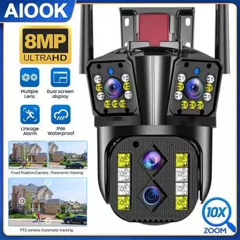 AIOOK 10-кратный зум, уличная водонепроницаемая камера безопасности, HD 8MP, Wi-Fi, цветное видеонаблюдение, ночное видение, двусторонняя аудиосвязь, PTZ, мобильный мониторинг