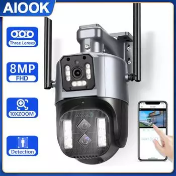 AIOOK 10X цифровая камера безопасности с тремя объективами CCTV Беспроводная уличная камера видеонаблюдения 8MP 4K PTZ-камера Водонепроницаемая IP-камера